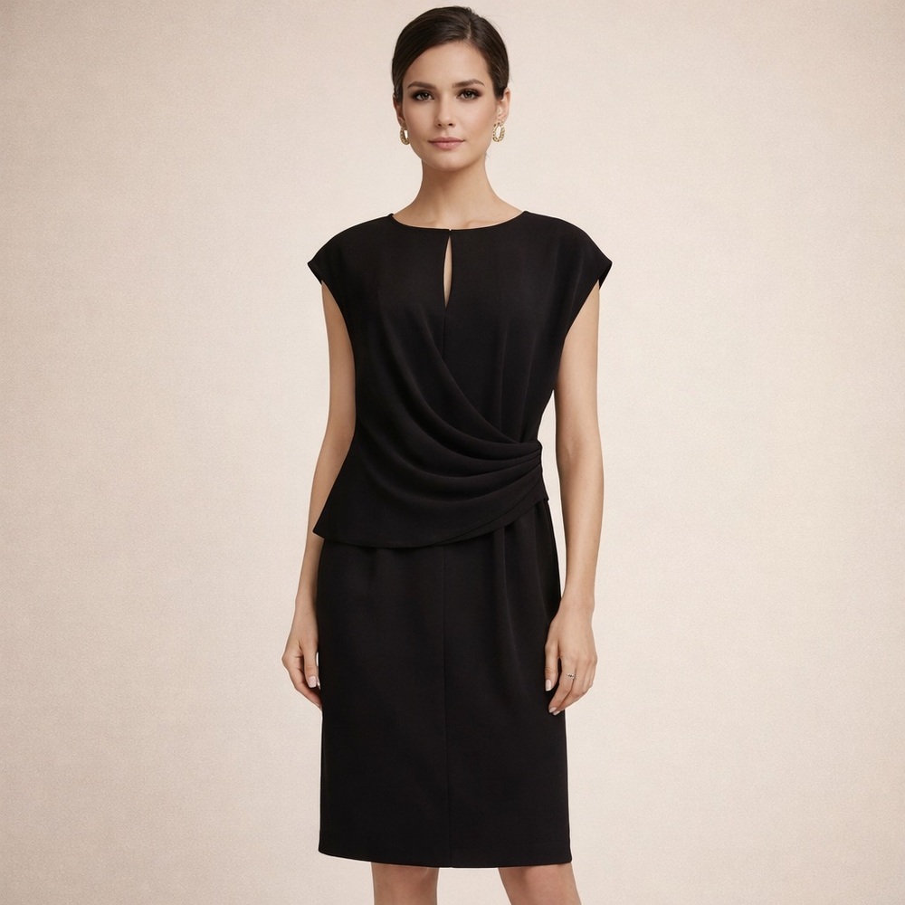 St John Caviar Black Draped Sheath Dress Keyhole Neck Cap Sleeve Size 4 NWT $795